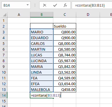Imagen de uso de la función contará